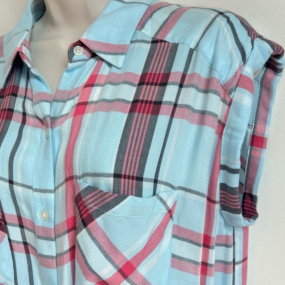 NWT Express Cap Sleeve High Low Plaid Button Down Top Blue Red M Lightweight - Picture 4 of 8